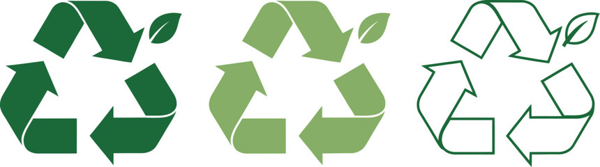 Obraz premium Recycling symbols with green leaves are displayed in a clean graphic illustration, representing ecological sustainability.