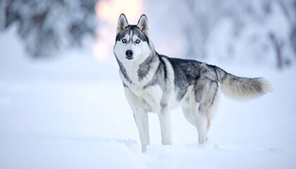 Naklejka premium A husky dog stands in snow with blue eyes