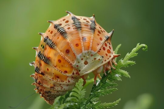 Close up of a colorful cruiser butterfly chrysalis with intricate patterns, hanging from a vibrant green fern