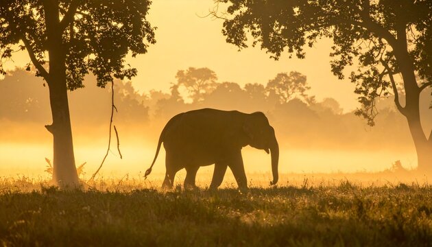 Elephant walks slowly in misty morning grassland with trees, backlit at sunrise.