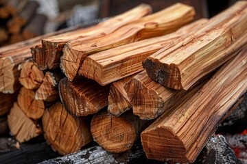Naklejka premium Firewood logs stacked and ready for burning in a fireplace, creating a warm and inviting atmosphere