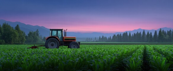 Fototapeta premium A colorful tractor expertly plowing fertile green cornfields at dawn on a serene countryside farm.