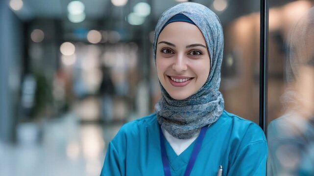 Smiling Medical Professional: A compassionate medical professional, donning a head covering, emanates confidence and care in a modern clinical setting. capturing the essence of dedication and empathy