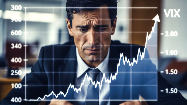 A businessman watches a rising stock chart with a worried expression. The VIX index increases.