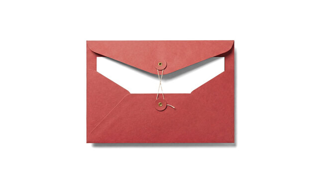 a closed red envelope with a cut-out window revealing a dark interior, secured by a string and button closure, presented in a top-down view against a stark transparent background
