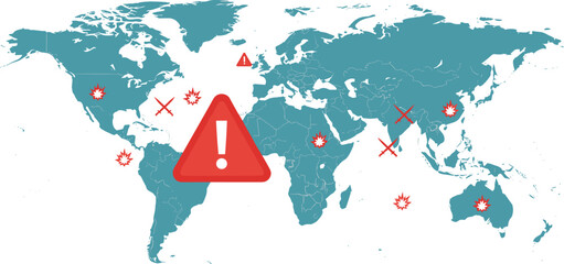 World map illustration with red warning symbols showing conflict zones, danger alerts, global hotspots, emergency risk areas, vector design concept © anisur-creatives