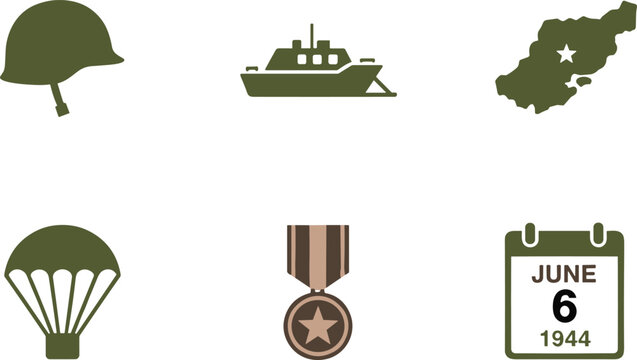 Vector illustration icons representing D Day World War II invasion Normandy June 6 1944 military helmet ship parachute medal calendar map