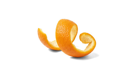 a vibrant orange peel spiral, freshly cut, isolated on a transparent background, showcasing its textured surface and bright citrus color.