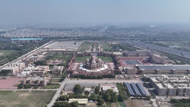 Aerial drone view of Akshardham Temple in Delhi India