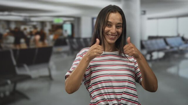 Young woman pointing finger at camera in airport terminal, smiling and giving thumbs up while wearing striped shirt; joyful travel.
