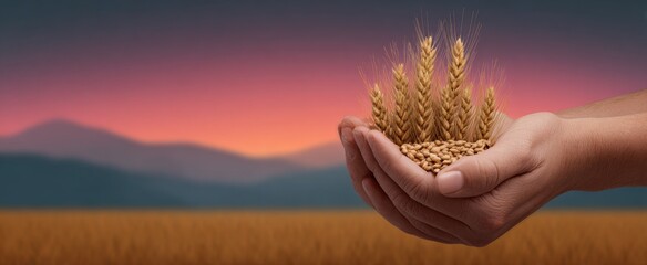 Fototapeta premium The farmer's hands cradle golden wheat grains like treasures against a vibrant sunset canvas.