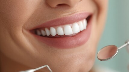 Fototapeta premium Woman smiling with perfect white teeth during dental examination, showing healthy care oral and hygiene