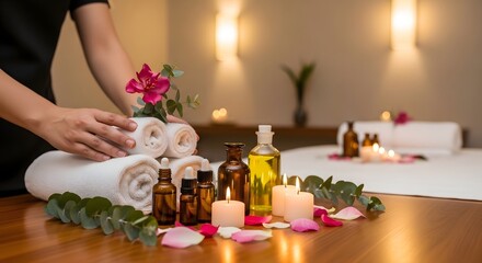 Spa massage oils rolled towels candles and flower petals arranged