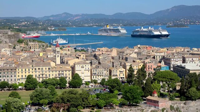 View from Old Venetian Fortress with ships in port, Corfu city, Greece, 4k