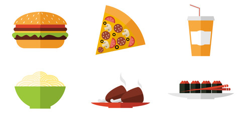 Set of 6 Fast Food and Asian Cuisine Icons Vector