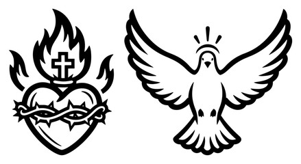 Fototapeta premium Sacred heart and holy spirit dove religious symbols in black and white vector style