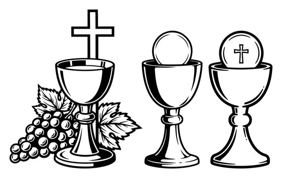 Christian communion chalices with host bread grapes and cross in black and white vector style