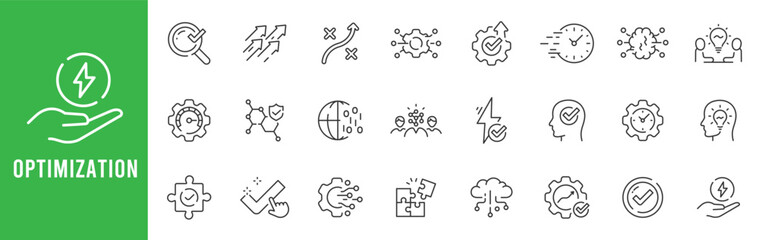 Fototapeta premium Optimization line icons for efficiency, performance, workflow automation, analytics, energy savings, configuration settings, target goals, editable stroke outline set modern.