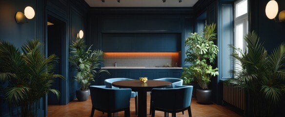 Fototapeta premium dining area interior design featuring navy blue walls and a kitchen layout in 3D render