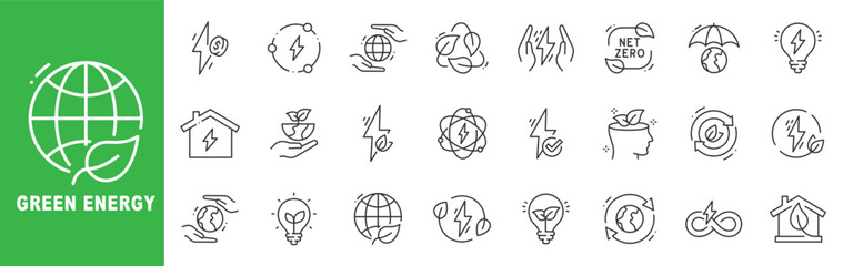 Plakat Green energy icon set featuring renewable electricity, net zero carbon, recycling, smart grid, solar, wind power, outline line icons, editable stroke vector.