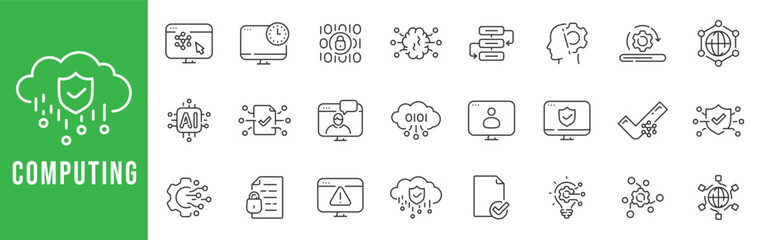 Computing cloud cybersecurity icon set with AI analytics, encryption, secure access, database, network protection, editable stroke outline line style modern.