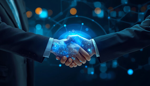 Business Leaders Shaking Hands with Futuristic Holographic AI Avatar, Symbolizing Partnership and Technological Advancement