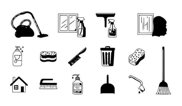 Janitorial and housekeeping cleaning tools flat icons hygiene vector set