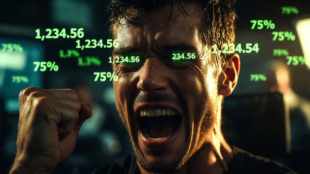 A man screams, fists raised, amidst glowing stock tickers displaying high profits. He exudes triumph.
