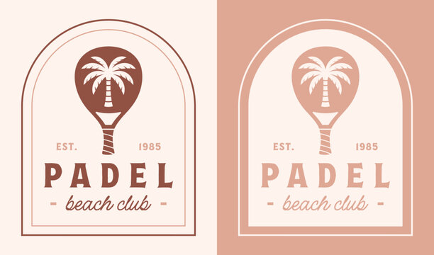 Padel beach club logo summer coastal sea sand court girls player group team badge sticker shirt design. Racket with palm tree illustration tropical boho retro vintage beige aesthetic poster print.