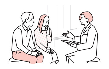 シンプル　イラスト　不妊治療について医師の説明を受けるカップルのイメージ ベクターイラスト