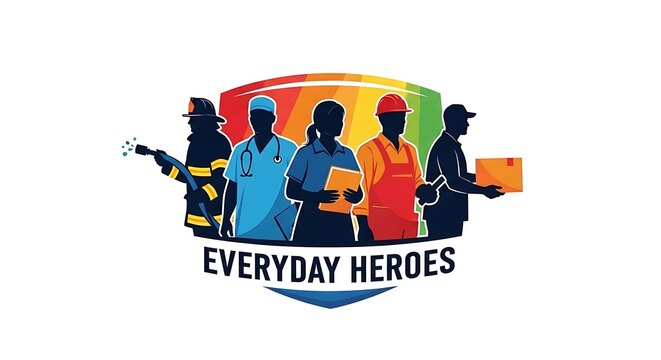Everyday Heroes - A Diverse Group of Essential Workers Silhouetted.
