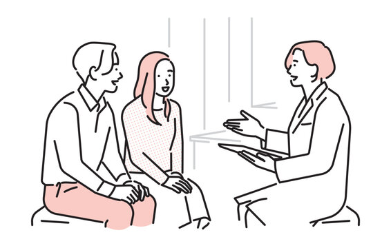 シンプル　イラスト　妊活や不妊治療について医師の説明を受けるカップルのイメージ ベクターイラスト