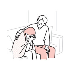 シンプル　イラスト　妊活の悩みで落ち込む女性を支えるパートナーのイメージ ベクターイラスト