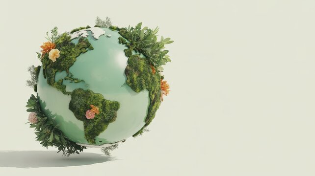 Vibrant 3D rendered Earth globe with lush green foliage and colorful flowers, symbolizing environmental protection, sustainability, and nature conservation on a clean white background with copy
