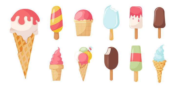 Ice cream collection of various shapes and flavors. Ice cream in pink glaze, vanilla fruit popsicle in chocolate, eskimo pie. Bitten ice cream, waffle cone. Vector illustration sweet summer dessert