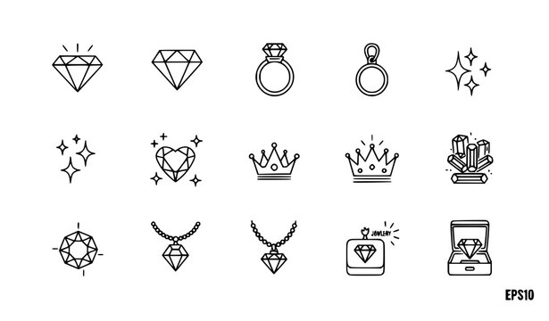 Minimalist diamond outline icon collection with ring necklace crown and heart-shaped gemstones for mobile apps and web