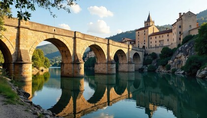 Obraz premium Ancient Roman bridge arching over Andalusian river, sunlit stonework reflecting in calm water Historic architecture, picturesque landscape, travel destination , historical site, sky