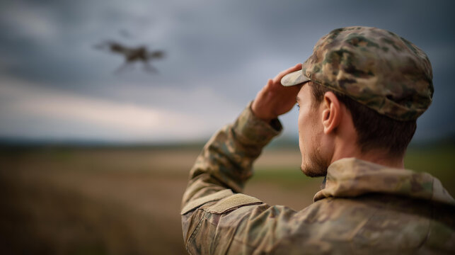Faceless soldier in camouflage and helmet standing in an open field watching a hovering drone at mid-distance, hand shielding eyes, defocused cloudy sky behind, modern warfare surv
