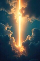 Fototapeta premium A single beam of light pierces through dark clouds, symbolizing hope and spiritual awakening The light is bright and powerful, contrasting sharply with the surrounding darkness , god, sacred
