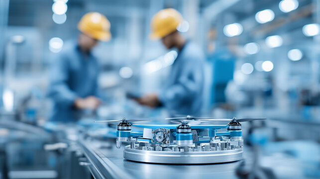 Wide shot of a drone prototype on an advanced manufacturing floor, robotic assembly arms around it, engineers in hard hats examining components, defocused clean factory behind, dro
