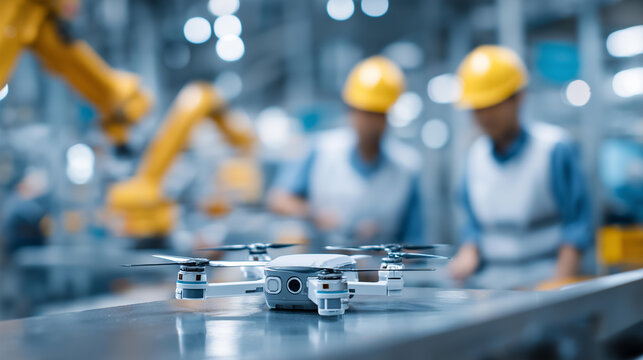 Wide shot of a drone prototype on an advanced manufacturing floor, robotic assembly arms around it, engineers in hard hats examining components, defocused clean factory behind, dro