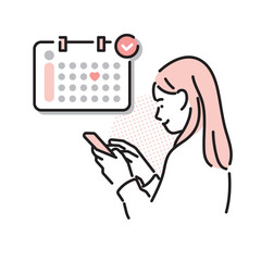 シンプル　イラスト　排卵日アプリをスマートフォンで確認する女性のイメージ ベクターイラスト