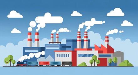 Industrial Factory Landscape with Train and Pollution Emission. © Dita