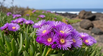 Vibrant Purple Flowers Blooming Near the Ocean Shoreline.