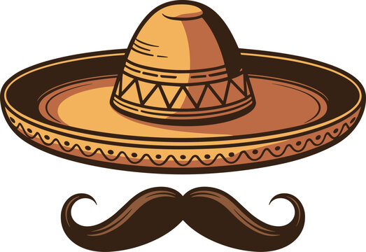 Sombrero hat with brown mustache vector on white background.