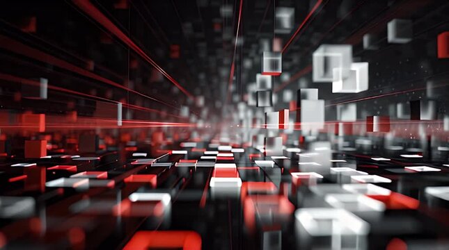 A perspective of geometric shapes in a dark space. Red lines and cubes create a futuristic feel and define the design