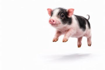Studio photo of a miniature pig mid jump with motion frozen and a soft shadow below