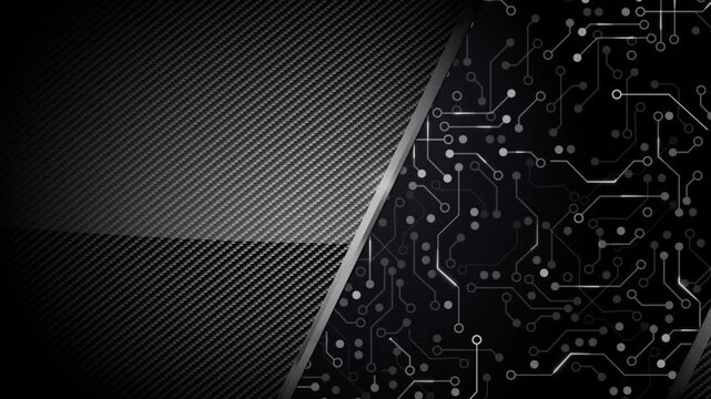 Carbon fiber panels slide open revealing glowing circuit board with moving particles, futuristic digital technology background animation