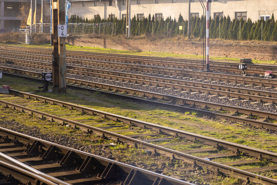 Multiple sunlit parallel railway tracks with green grass and a marker pole, representing urban transportation infrastructure, journey, and industry