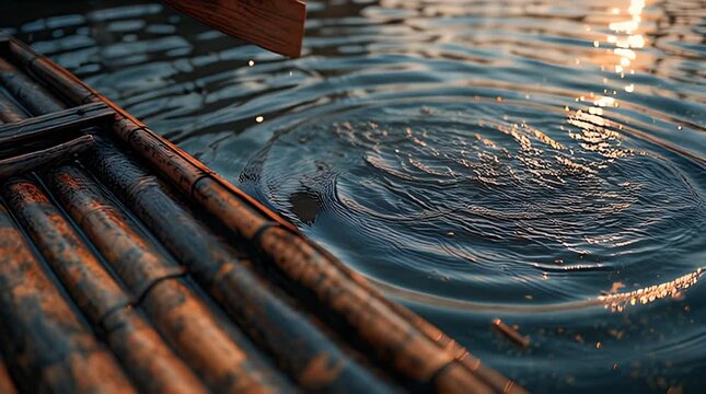 Close-up of a wooden boat on water, paddle lifting drops, ripples and golden reflections. Light plays on the surface with texture